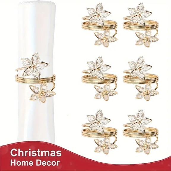 Set of 6 Rhinestone Flower Napkin Rings - Elegant Decorative Holders for Weddings, Parties, and Home Decor