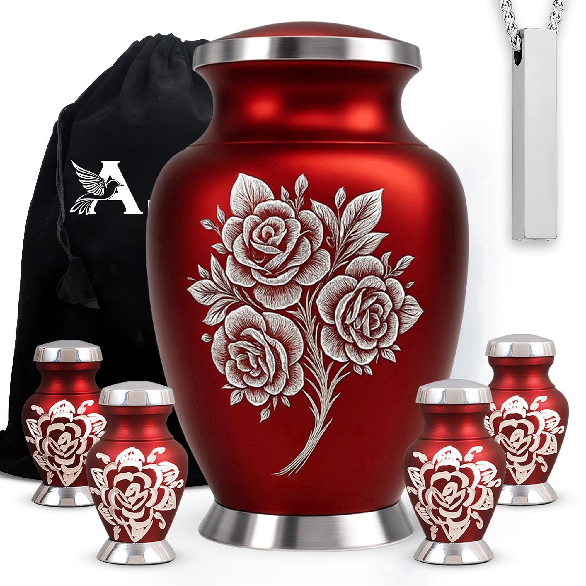 Set of 6 Rose Urn Decorative Urns for Human Ashes Includes 1 Large Urn with 4 Small Keepsakes & 1 NecklaceUrn