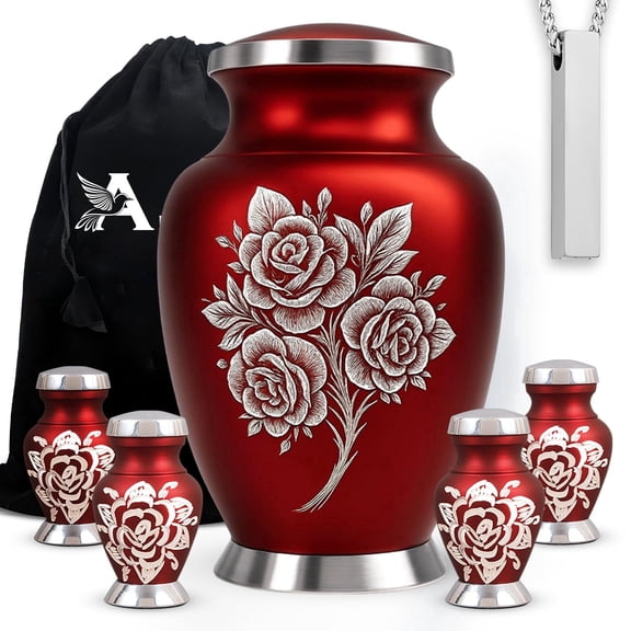 Set of 6 Rose Urn Decorative Urns for Human Ashes Includes 1 Large Urn with 4 Small Keepsakes & 1 NecklaceUrn
