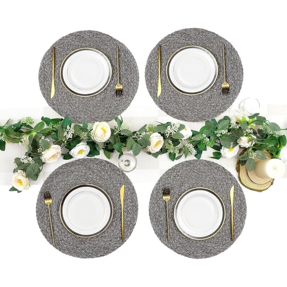 Set of 6 Round 15 Inch Thick Braided Washable Placemats Non‑Slip Gray White Woven Circle Table Mats for Dining Table Kitchen Home & Party Decor