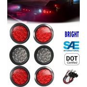 Set of 6 Round LED Light 4 Red & 2 White 4" Brake Stop Turn Tail Back up Reverse for Truck Trailer Jeep Tractor Universal Fit SAE DOT Approved