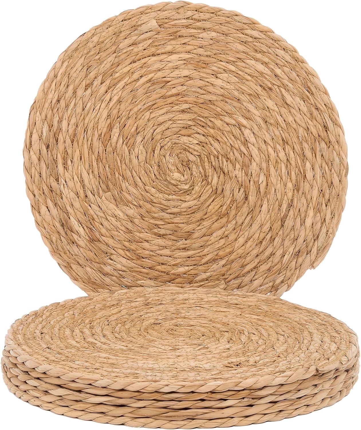 Set of 6 Round Woven Placemats, 12" Natural Water Hyacinth Boho Table Mats, Rustic Rattan for Dining, Wicker Place Mats for Home & Weddings