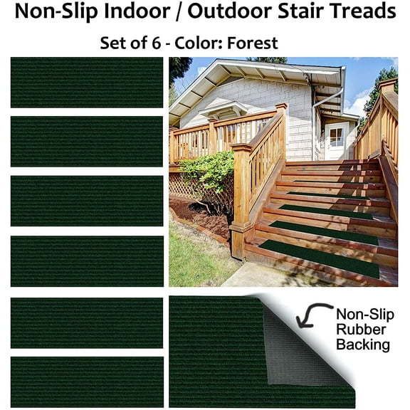 Set of 6 Rubber Backed Non-Slip 1/4" Thick Heavy Duty Indoor/Outdoor Carpet Stair Treads. Many Sizes Available (Color: Green)