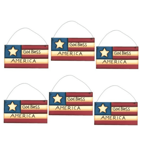 Set of 6 Rustic "God Bless America" Patriotic Flag Ornaments  - For Patriotic Decor and Displays