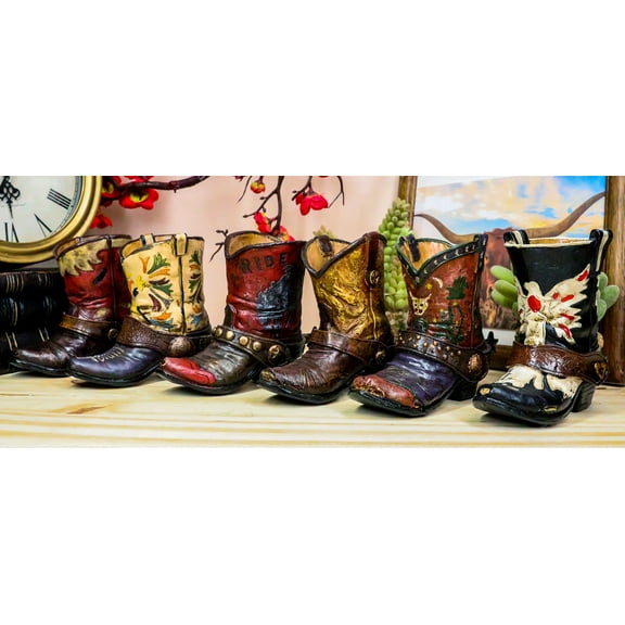 Set of 6 Rustic Western Tooled Leather Finish Cowboy Boots Miniature Figurines