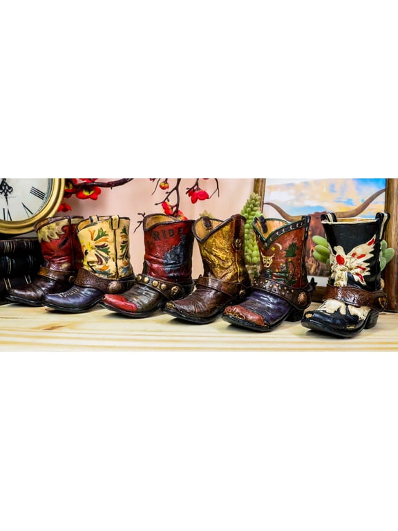 Set of 6 Rustic Western Tooled Leather Finish Cowboy Boots Miniature Figurines