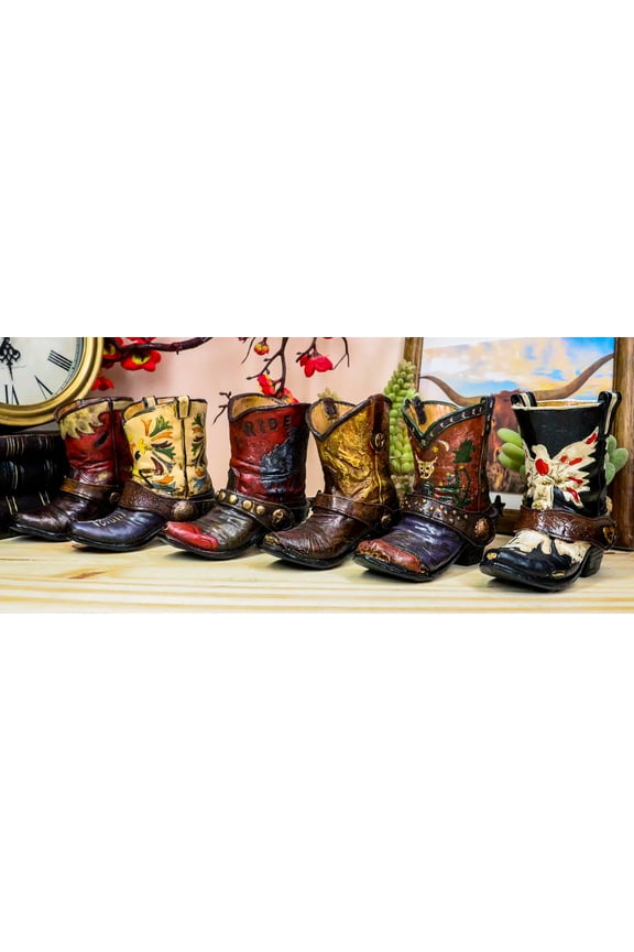 Set of 6 Rustic Western Tooled Leather Finish Cowboy Boots Miniature Figurines
