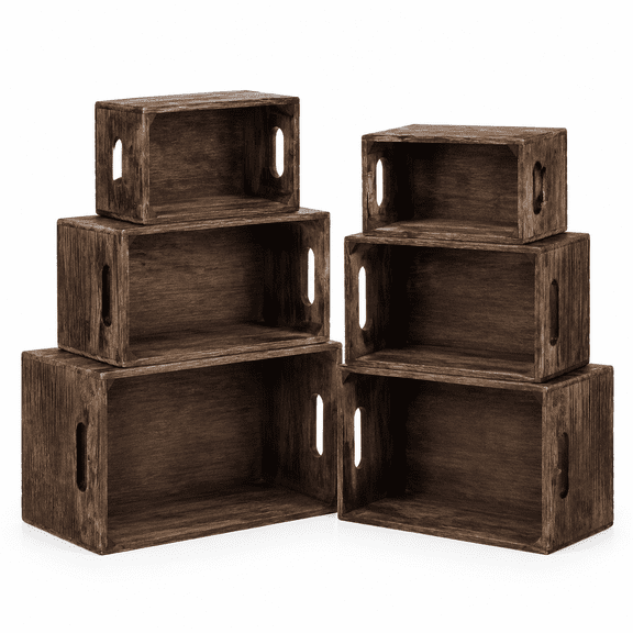 Set of 6 Rustic Wood Crates for Display Nesting Box, Dark Brown