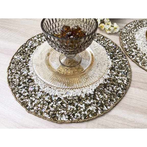 Set of 6, Sequin and beaded handmade placemat, decorative centrepiece