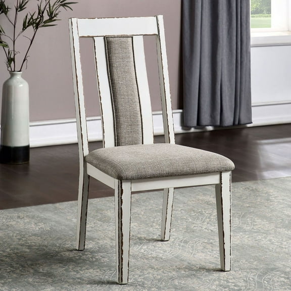 Set of 6 Side Chairs Rustic Finish Weathered White Solidwood Dining Room Chairs Dark Walnut fabric Cushion Seat