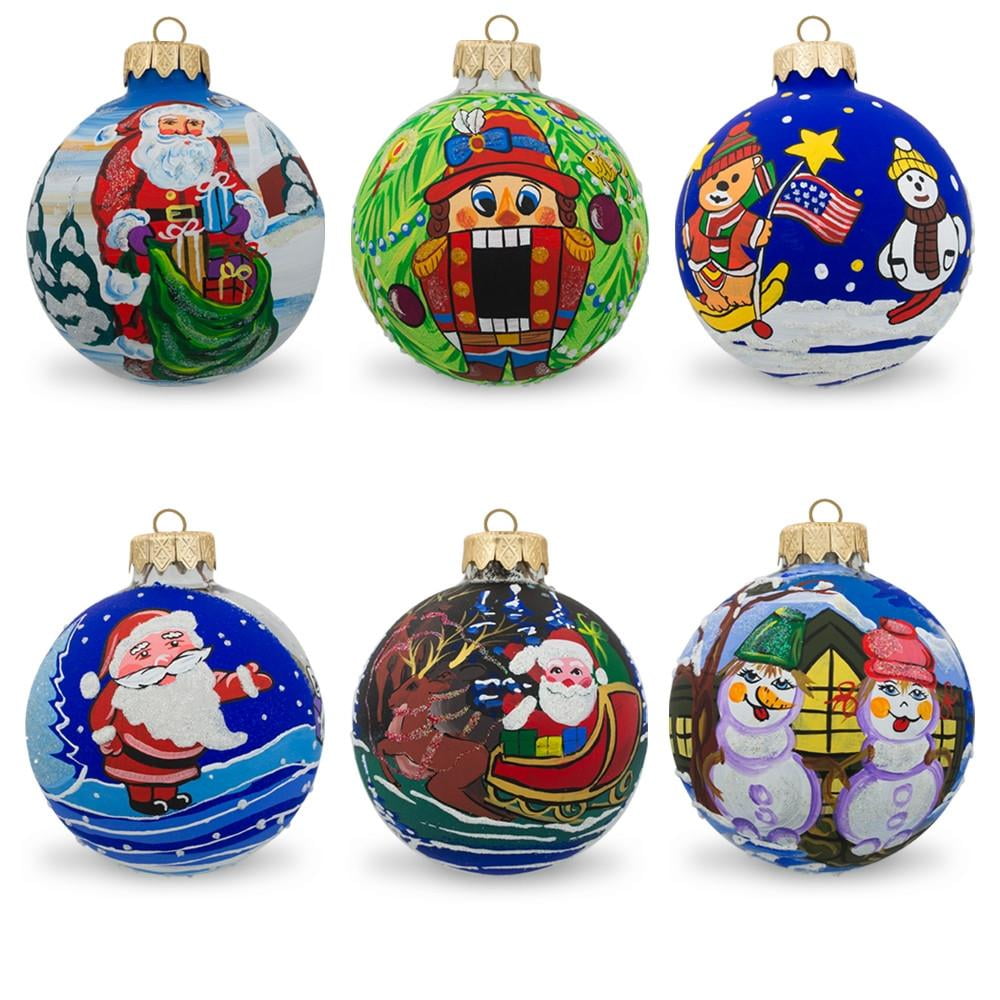 Set of 6 Snowman, Bear, Santa, Nutcracker Glass Ball Christmas