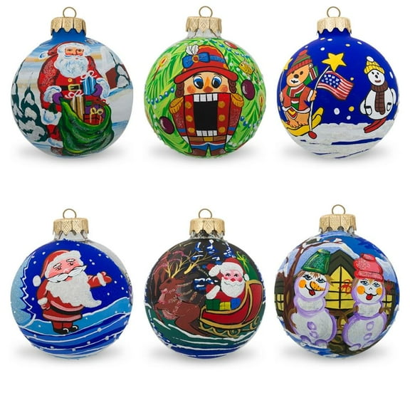 Set of 6 Snowman, Bear, Santa, Nutcracker Glass Ball Christmas Ornaments