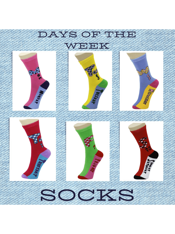 Set of 6 Socks Days of the Week Crew Novelty Socks 9-11 Gift Set of Six Pair of Socks Yelete