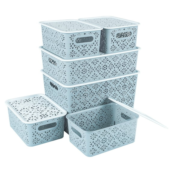 ANMINY Stackable Lace-Design Storage Bins, Blue, 6 Count Pack
