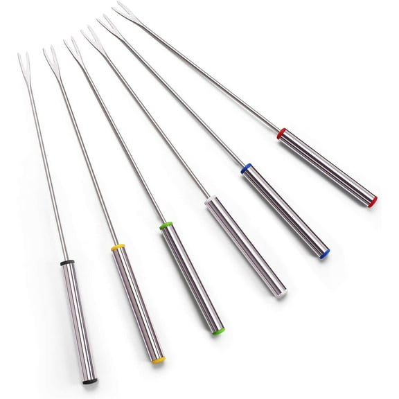 Set of 6 Stainless Steel Fondue Forks 9.5" - Color Coding Cheese Fondue Forks with Heat Resistant Handle