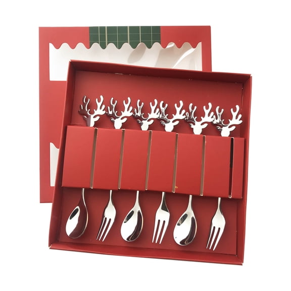 Set of 6 Stainless Steel Fruit Forks Spoons Coffee Spoon Fruit Small Fork Dessert Spoon Forks Christmas Series 2 Colors