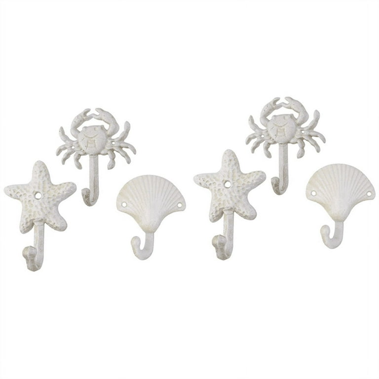 Set of 6 Starfish Seashell Crab Cast Iron Decorative Wall Hooks Coats  Aprons Towels Hooks Beach Ocean Theme Metal Hooks 