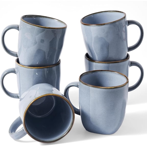 Set of 6 Stoneware Coffee Mugs with Handle 13 oz Ocean Square Blue Microwave and Dishwasher Safe
