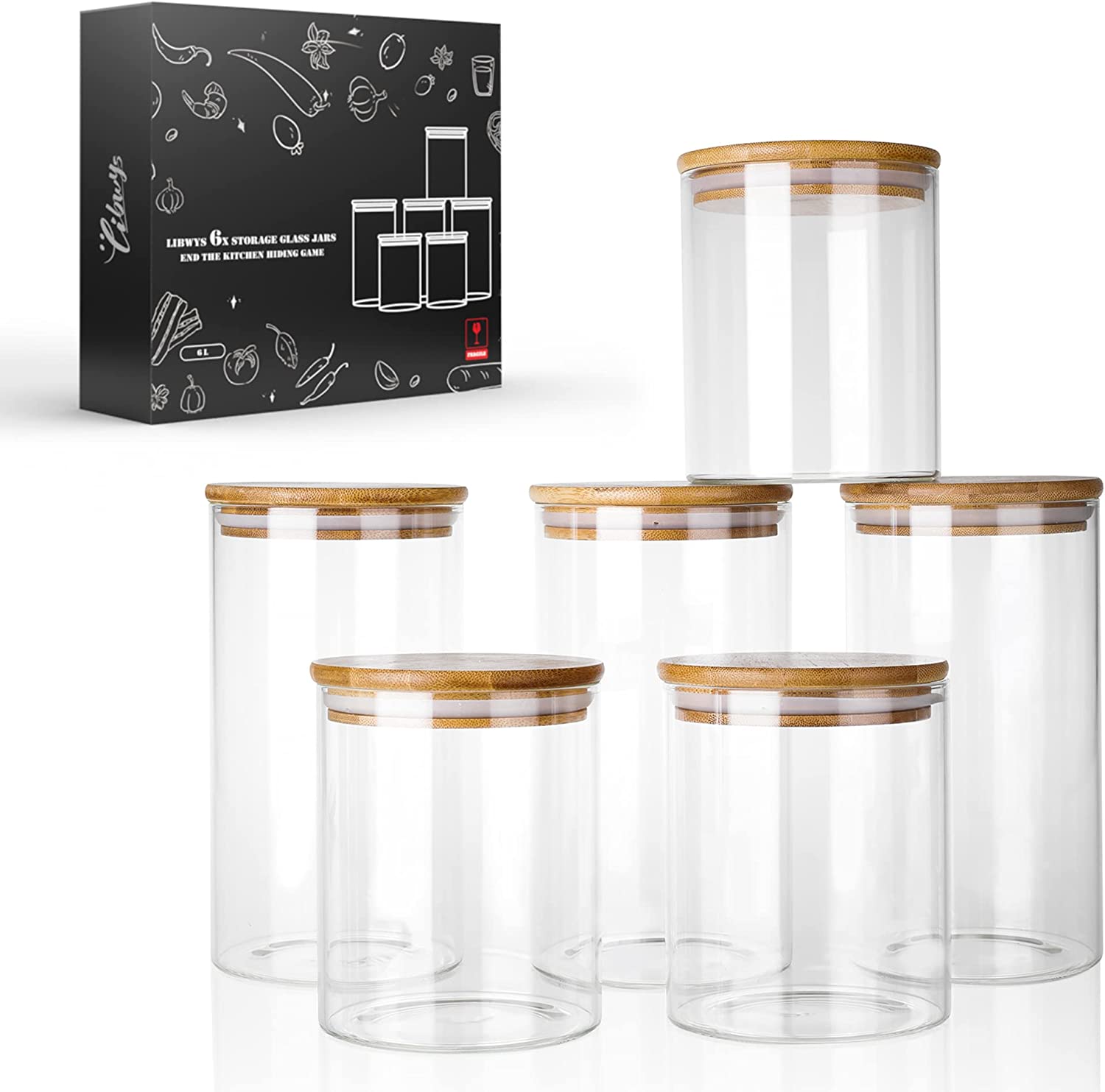 6pc Set, 800ml & 1200ml Airtight Glass Storage Jars with Bamboo Lids