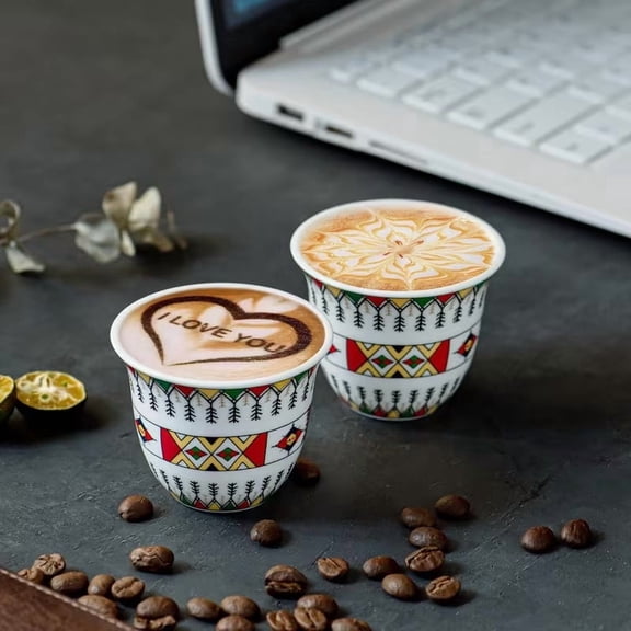 Set of 6 Turkish Coffee Cups with Geometric Design Ceramic Arabic Coffee Cups for Espresso, Tea, and Traditional Beverages