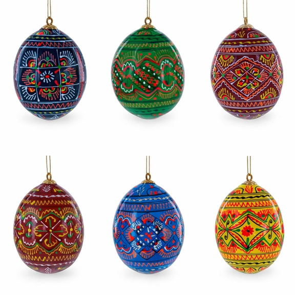 Set of 6 Ukrainian Geometric Wooden Pysanky Easter Eggs Ornaments