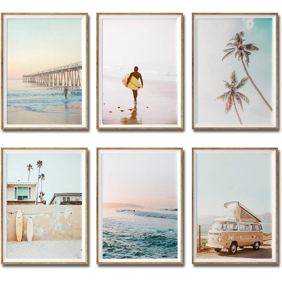Set of 6 Unframed California Coastal Surf Wall Art Prints, Beach Sunset Wall Poster, Surfboard Wall Art (8" x 10")
