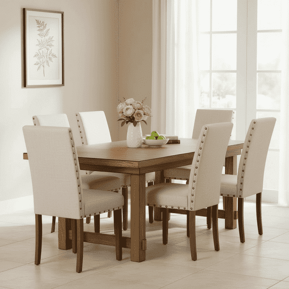 Snugway Handcraft Linen Solid Wood Parson Chair,Dining Chair,Set of 6,Beige