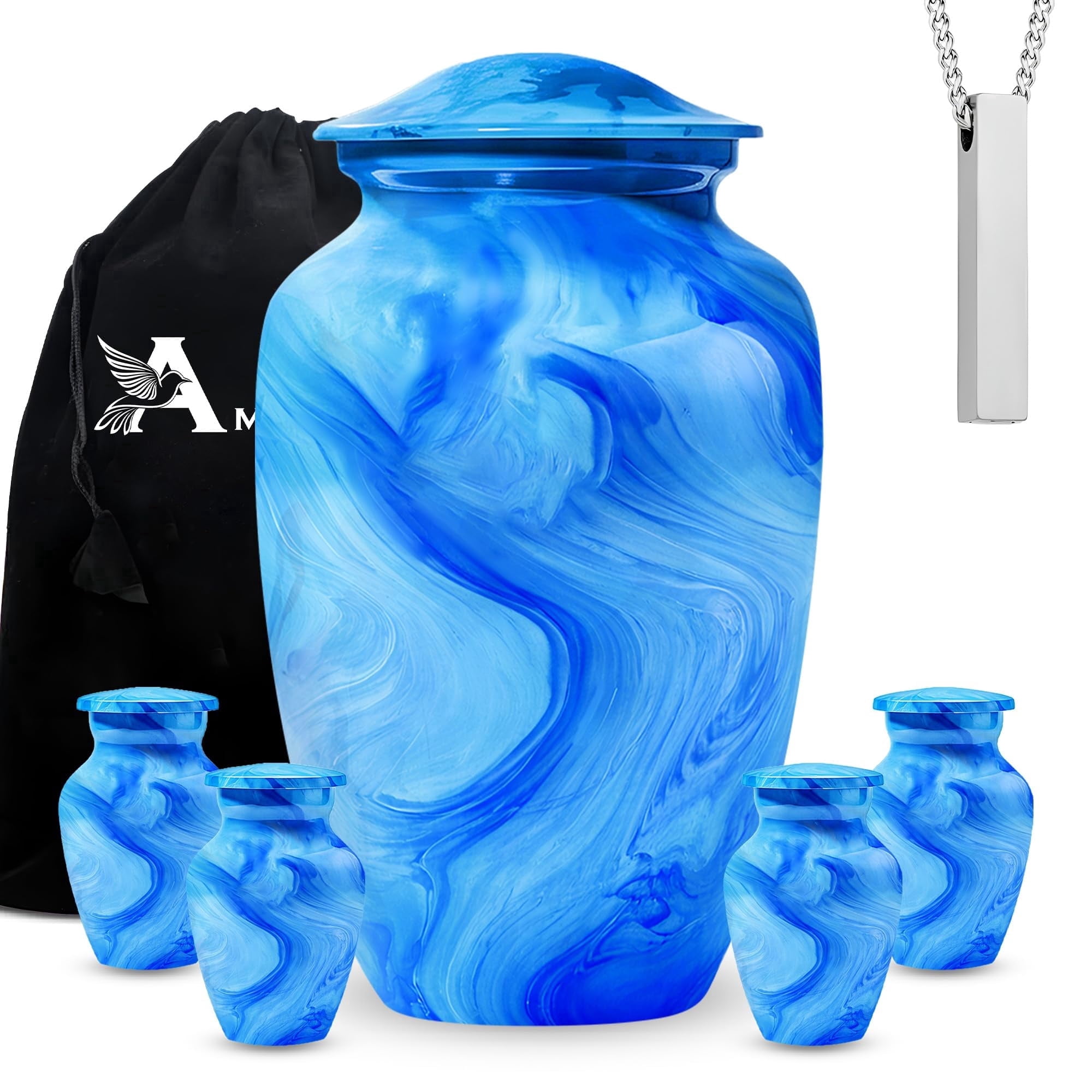 Set of 6 Urns for Human Ashes Includes 1 Large Urn with 4 Small Keepsakes & 1 Silver Necklace - Sky blue Marble