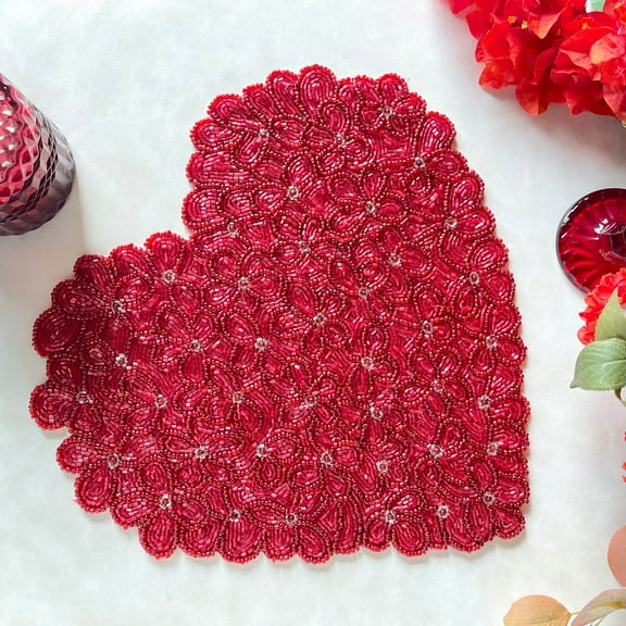Set of 6, Valentine's Day special beaded placemat, Red heart
