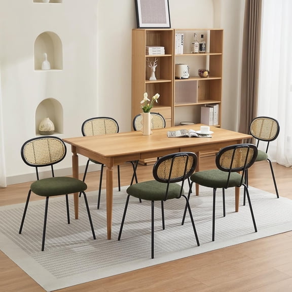Set of 6 Velvet Upholstered Dining Chairs Mid Century Cane Back with Metal Legs Green for Dining Room Kitchen