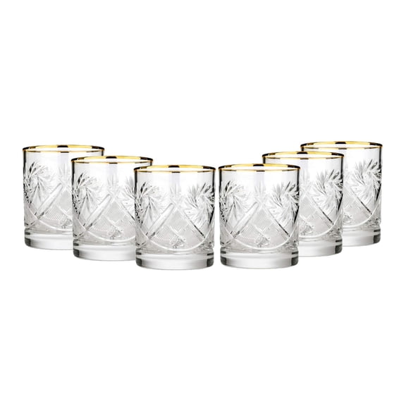 Set of 6 Vintage Crystal Whisky Glasses - 24K Gold Rim Old-Fashioned Rocks Glasses