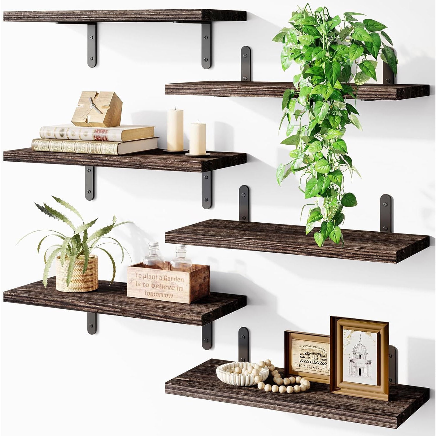 Set of 6 Wall Shelf Rustic Wood Floating Shelves for Living Room Kitchen Bathroom Bedroom, 16 Inch Dark Brown - Walmart.com