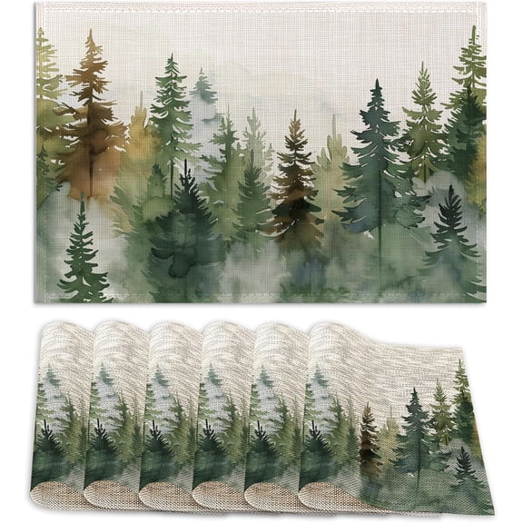 Set of 6 Washable Misty Forest Landscape Placemats Non-Slip Heat-Resistant 12x18 Inch Thick Decorative Linen Table Mats for Dining Table Home Décor