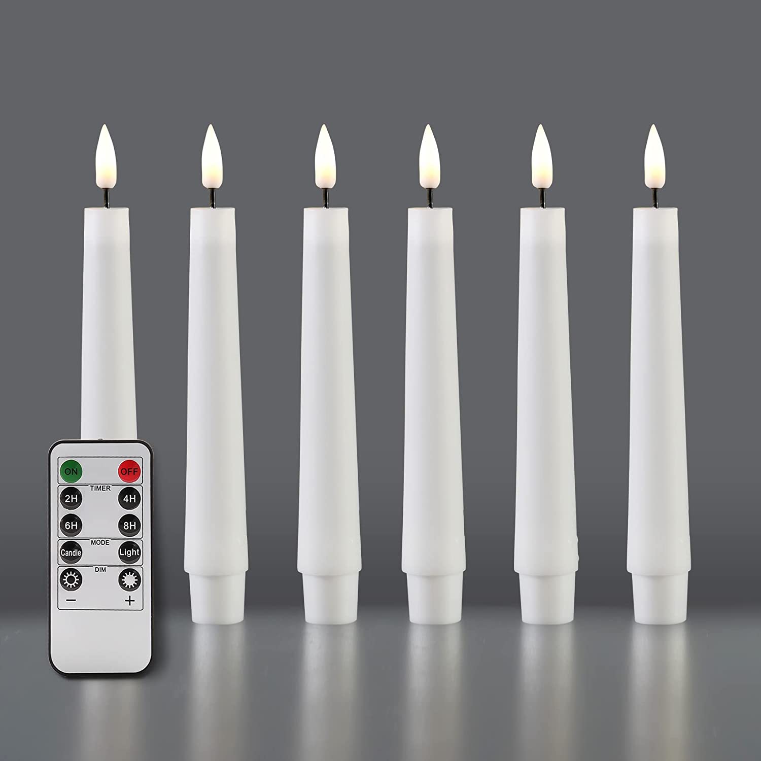Set of 6 White Flameless Taper Candles with Remote Timer Flickering