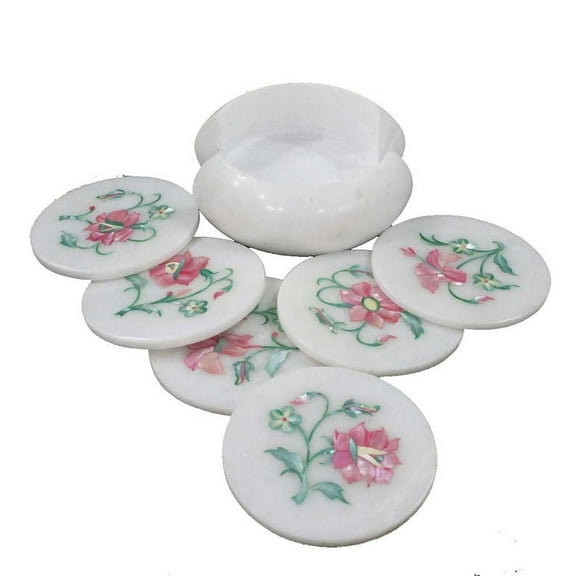 Set of 6 White Marble Inlay Coasters for Drinks Beautiful Marble Coasters with Lapis Inlay, Perfect for Living Room & Friendship Day Gifts
