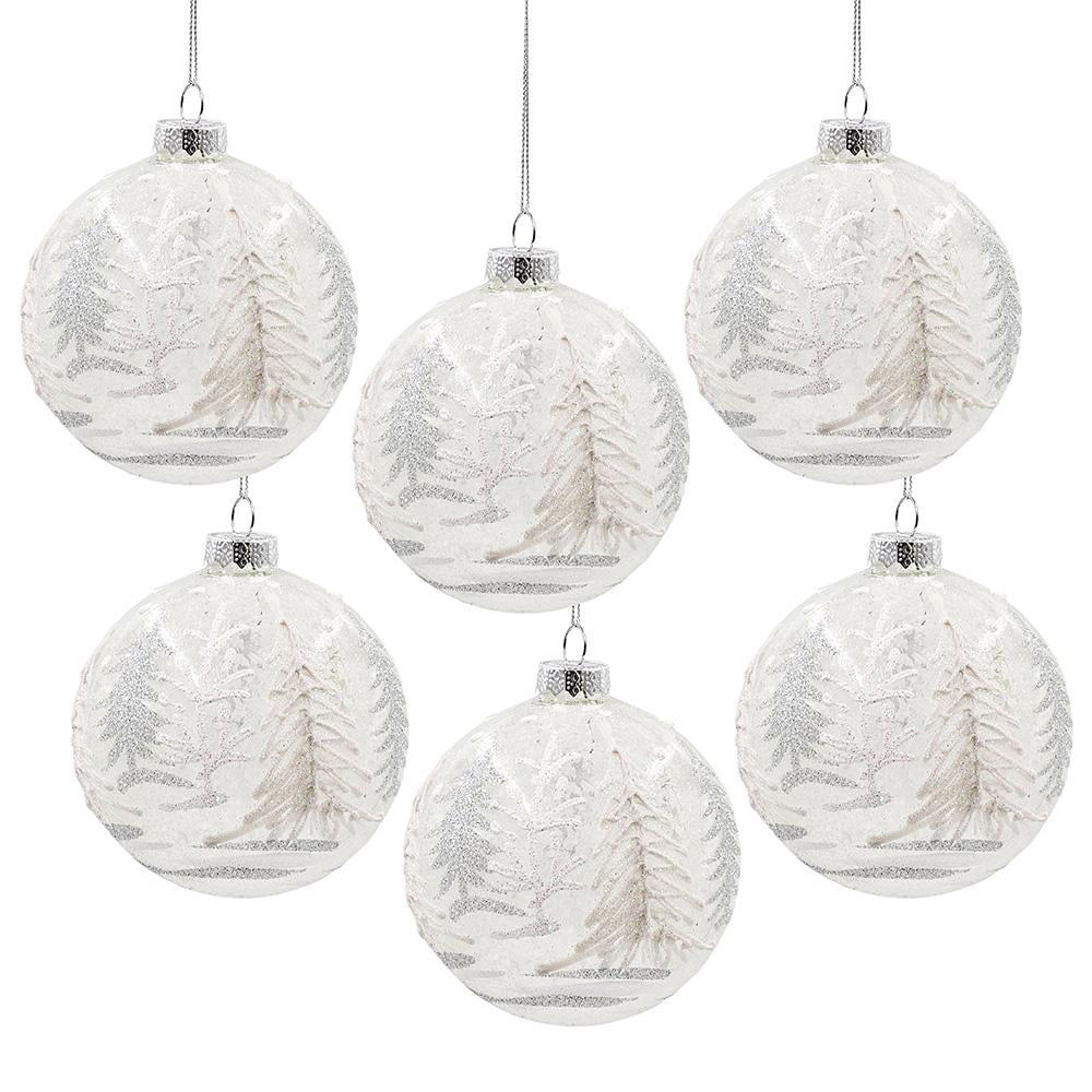 Set of 6 White and Silver Glass Tree Pattern Ornaments