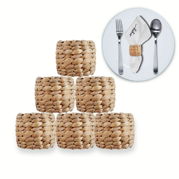 Set of 6 Wicker Rustic Napkin Rings, Boho Woven Napkin Rings Handmade by Water Hyacinth - Perfect for Farmhouse Party, Dining Room, Table Decoration