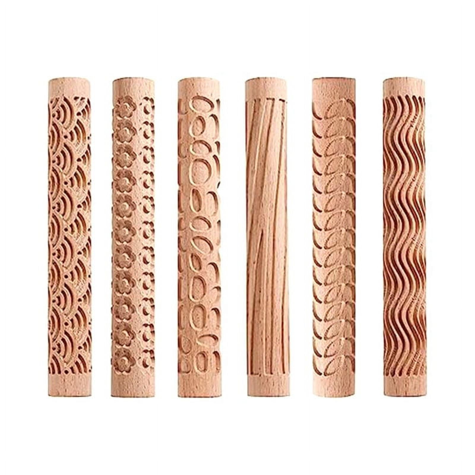 Set of 6 Wood Clay Modeling Pattern Rollers Kit, Clay Rolling Pin