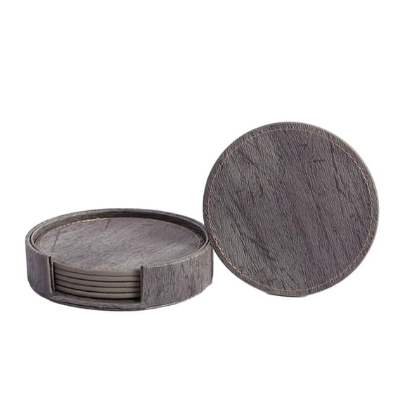Set of 6 Wood Grain Leather Coasters for Tea & Coffee Cups - Insulated, Non-Slip Placemats for Home Bar & Counter,Gray