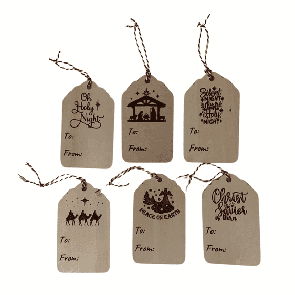 Set of 6 Wooden Christmas Gift Tags 2.4x4 Laser Engraved Nativity & Christian Holiday Designs with To/From Reusable Rustic Wood Tags with Twine