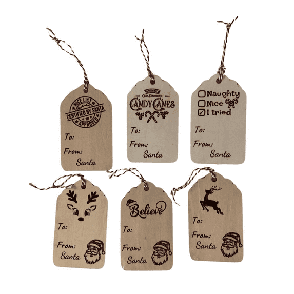 Set of 6 Wooden Christmas Gift Tags – 2.4"x4" Rustic Engraved Holiday Tags with Twine, Reusable Santa & Reindeer Designs
