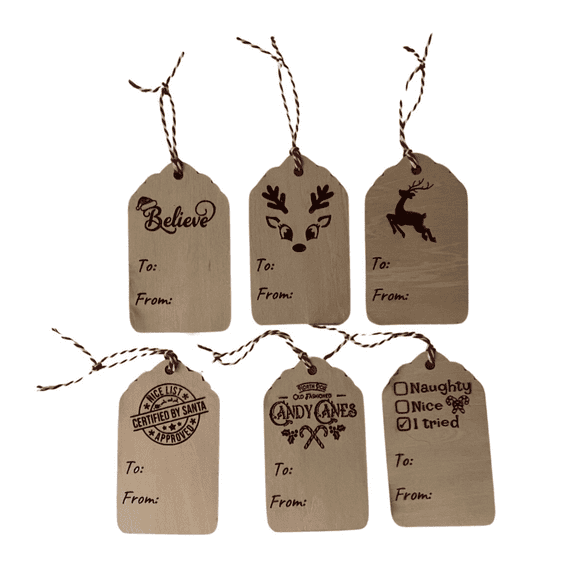 Set of 6 Wooden Christmas Gift Tags – Rustic Laser Engraved Holiday Present Labels with Twine, 2.4”x4” Reusable To/From Tags