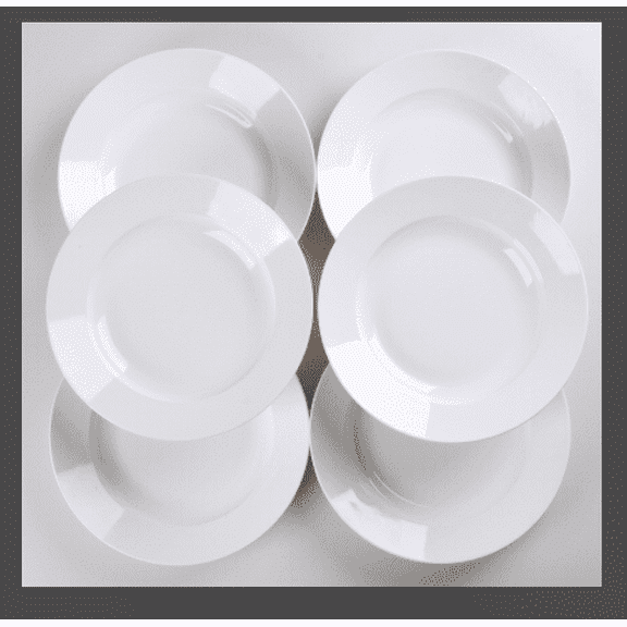 Set of 6 modern white dinner plates, 9.5 inches, perfect for salads and meals. Dishwasher, microwa