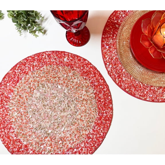 Set of 6, sequin and beaded handmade placemat, decorative centrepiece, charger plate, 14.5inch