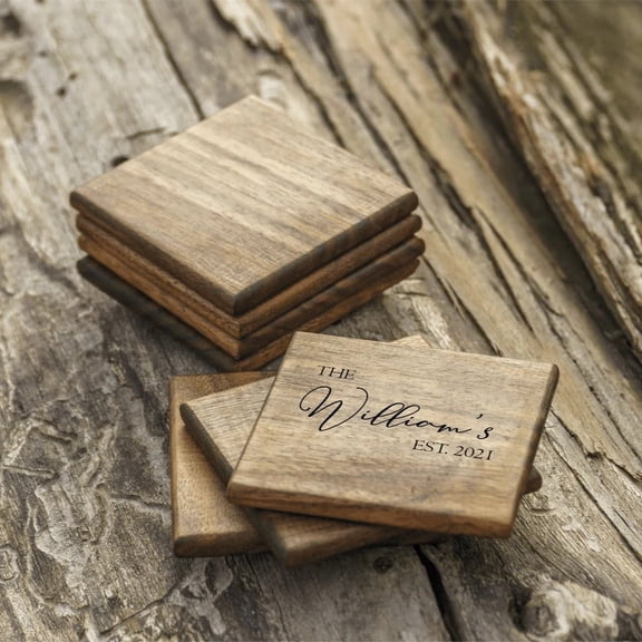 Set of 64 Personalized 4.7" Square Walnut Coasters Handmade Custom Laser Engraved Table Protector