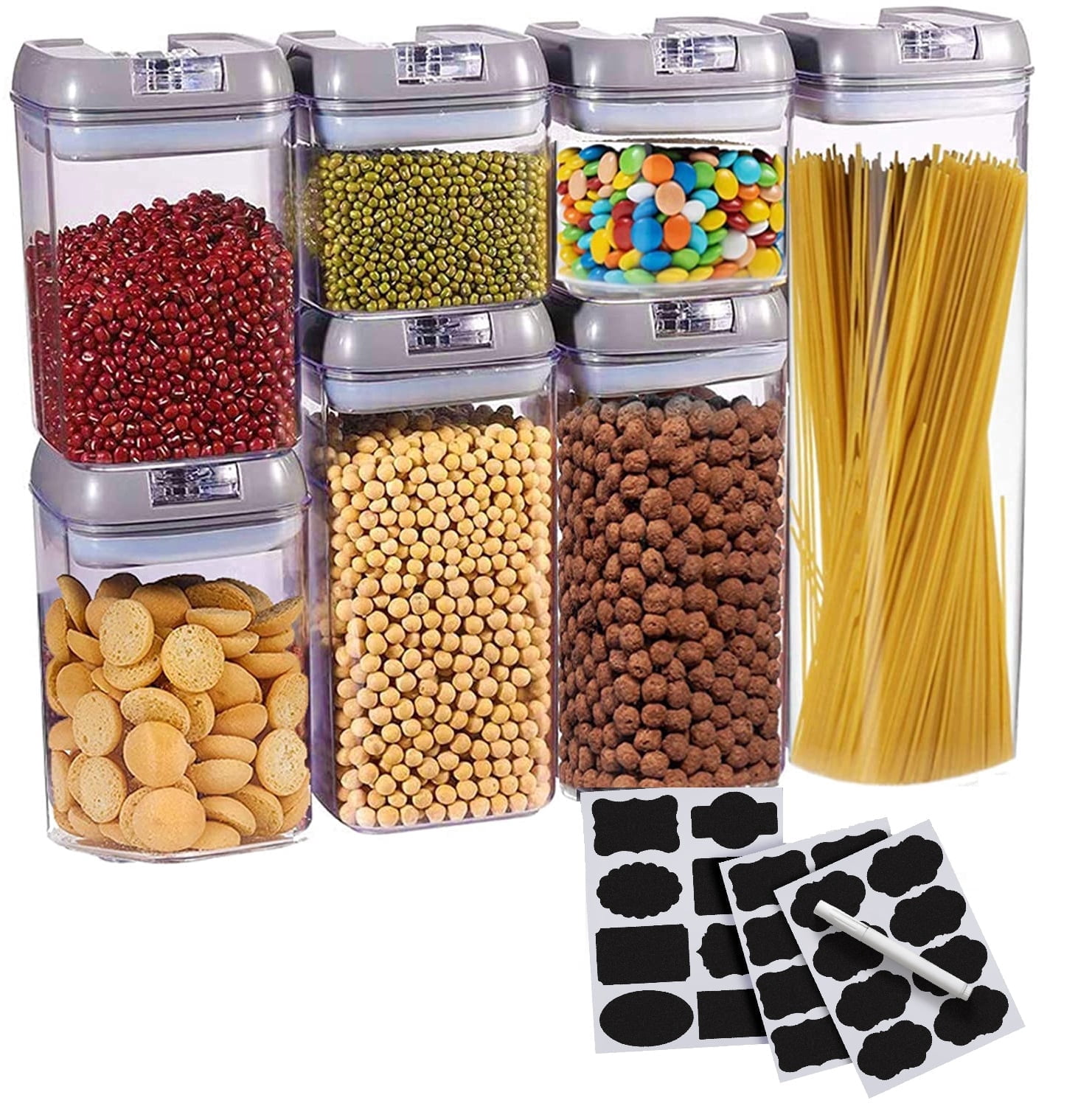 Set of 7 Airtight Food Pantry Storage Containers with Dry Erase Marker and Labels, Gray