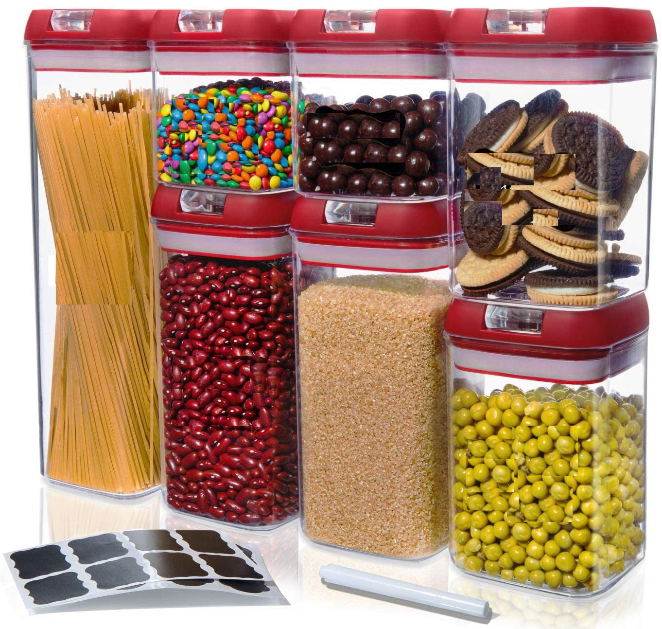 Set of 7 Airtight Food Pantry Storage Containers with Dry Erase Marker and Labels, Red