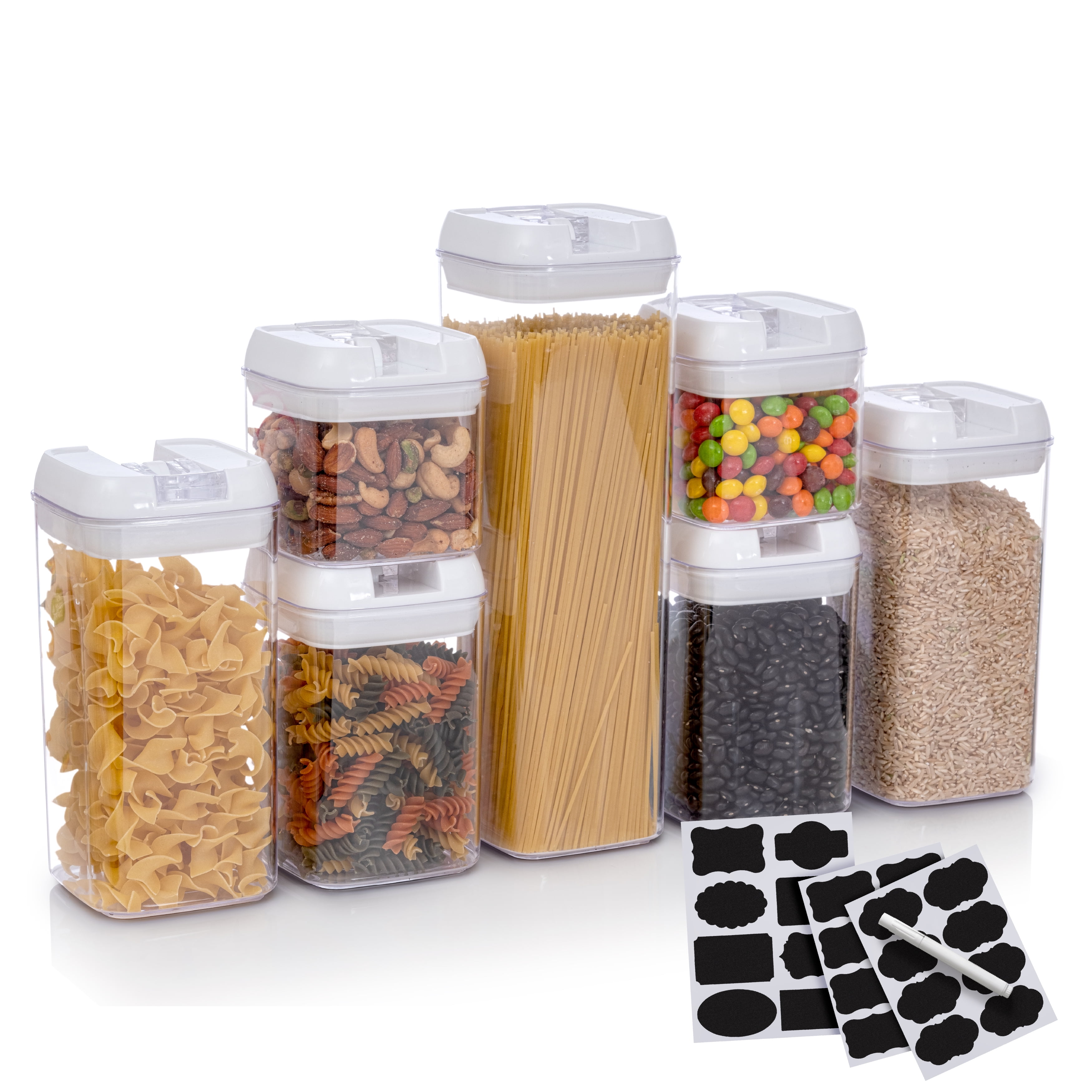 Set of 7 Airtight Food Pantry Storage Containers with Dry Erase Marker and Labels, White