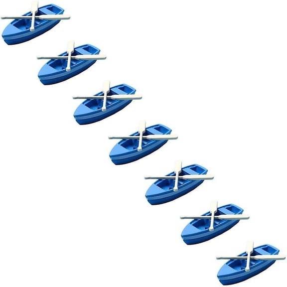 Set of 7 Miniature Blue Rowboat Toy Canoe Model with Oars | Plastic Boat Figurines for Nautical Ocean Beach Micro Landscape Decoration