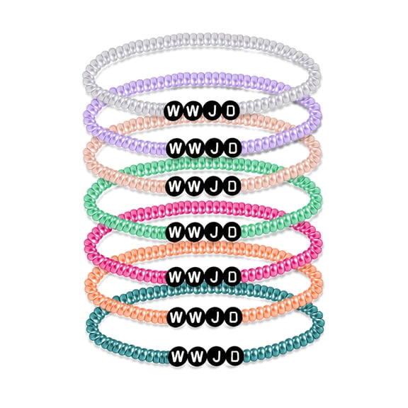 7PCS Colorful WWJD Bracelets Teen Girl Beaded Bracelets Religious Stretch Bracelets What Would Do Bracelets